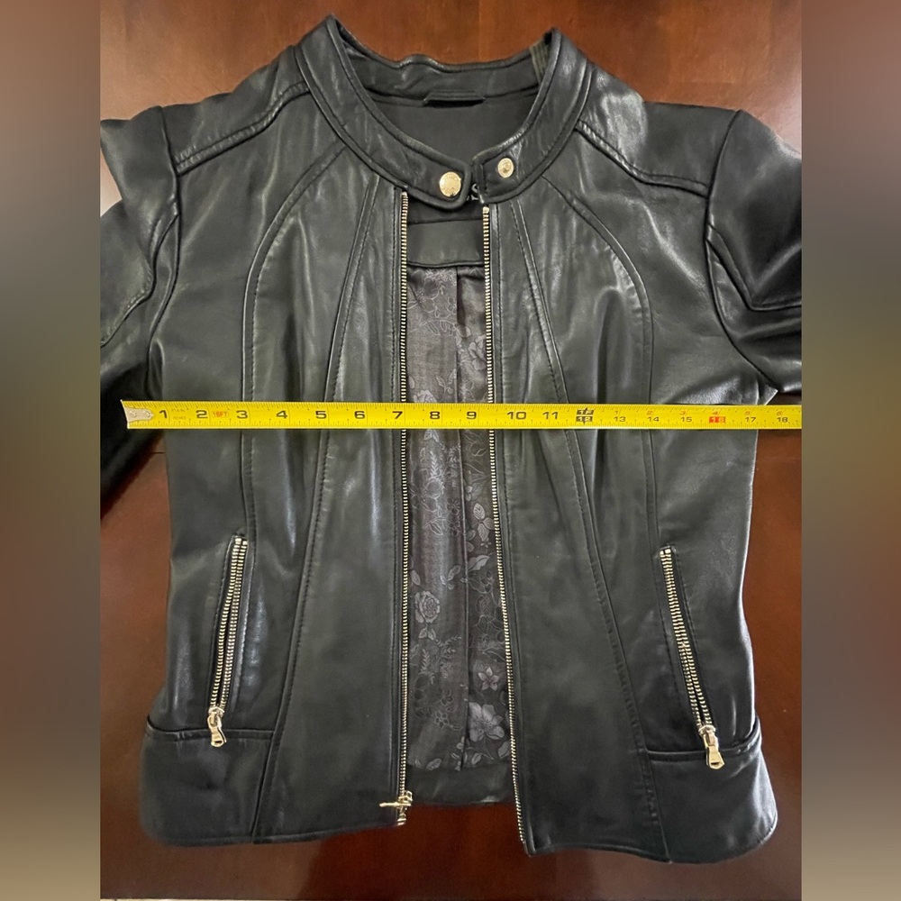 GUESS Black Leather Moto Jacket Fitted Zip Front Women’s Small - Picture 5 of 11